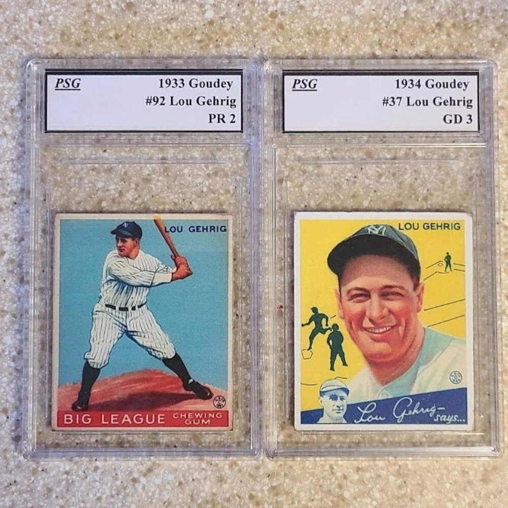 2x Lou Gehrig graded encased 1933 Goudey #92 + 1934 Goudey #37 custom baseball c